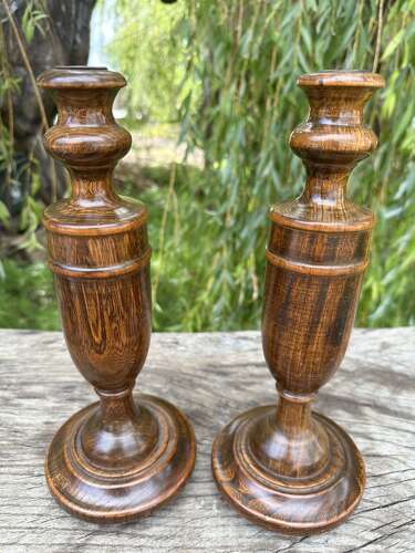 PAIR OF TURNED ASH CANDLESTICKS C1920