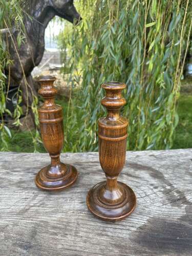 PAIR OF TURNED ASH CANDLESTICKS C1920