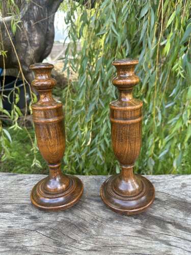 PAIR OF TURNED ASH CANDLESTICKS C1920