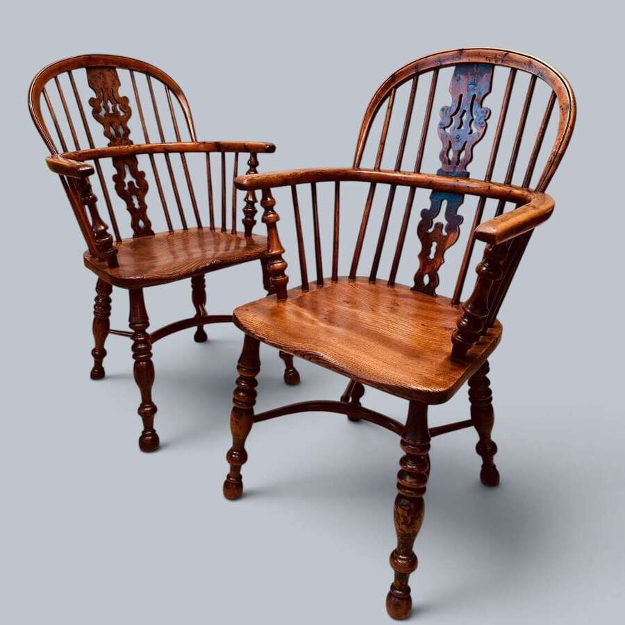 WINDSOR LOW BACK ARMCHAIRS, PAIR IN YEW, GABBITASS STYLE C1840