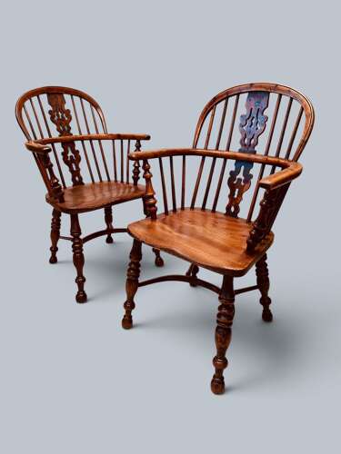 WINDSOR LOW BACK ARMCHAIRS, PAIR IN YEW, GABBITASS STYLE C1840