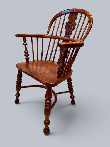 WINDSOR LOW BACK ARMCHAIRS, PAIR IN YEW, GABBITASS STYLE C1840