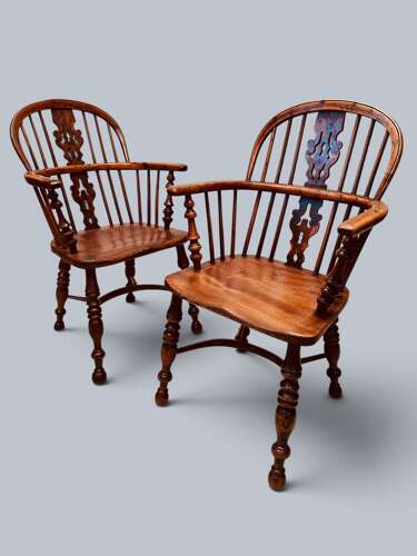 WINDSOR LOW BACK ARMCHAIRS, PAIR IN YEW, GABBITASS STYLE C1840