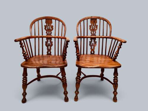 WINDSOR LOW BACK ARMCHAIRS, PAIR IN YEW, GABBITASS STYLE C1840