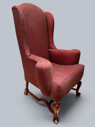 WING CHAIR, QUEEN ANNE STYLE, WALNUT & BEECH FRAME, C1920