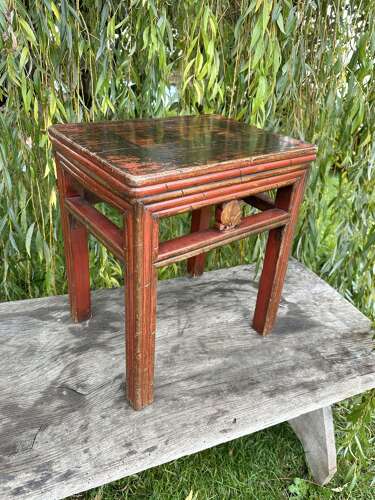 CHINESE SIDE TABLE, DISTRESSED RED LACQUER, C1910
