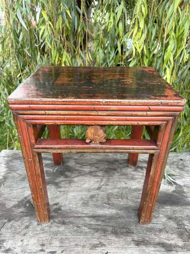 CHINESE SIDE TABLE, DISTRESSED RED LACQUER, C1910