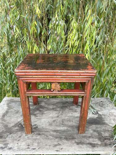 CHINESE SIDE TABLE, DISTRESSED RED LACQUER, C1910