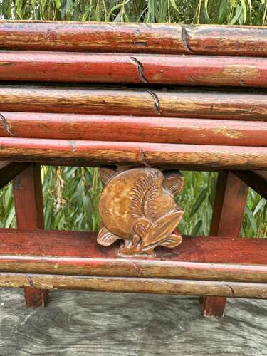 CHINESE SIDE TABLE, DISTRESSED RED LACQUER, C1910