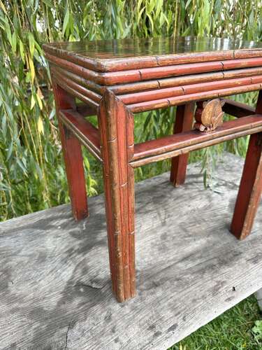 CHINESE SIDE TABLE, DISTRESSED RED LACQUER, C1910
