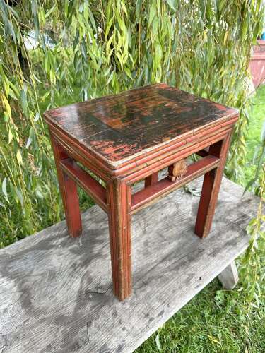 CHINESE SIDE TABLE, DISTRESSED RED LACQUER, C1910